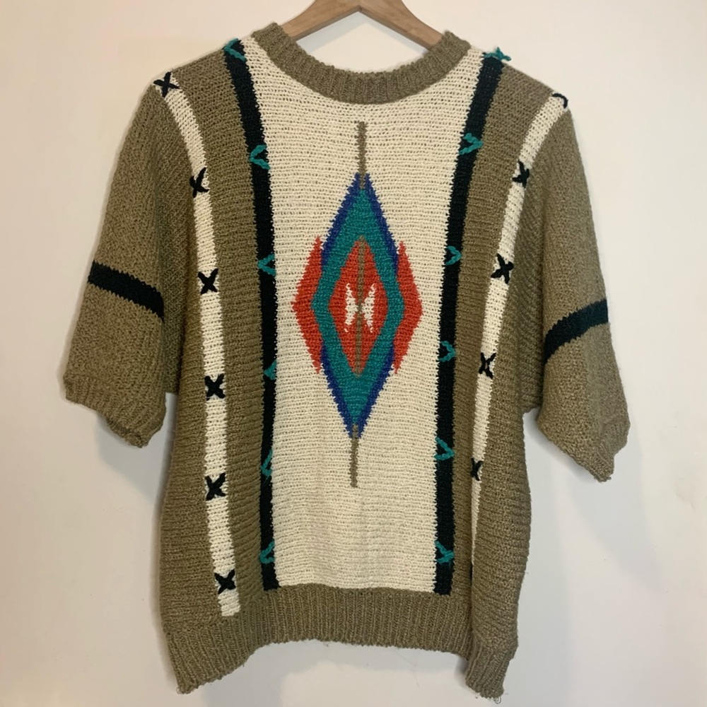 Vintage Beldoch Popper Knit Pullover Sweater Short Sleeve Aztec Southwest, L